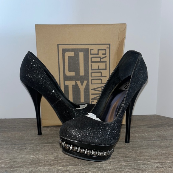 City Snappers Black Glitter High Heels Women’s Size 7.5 - Picture 2 of 16